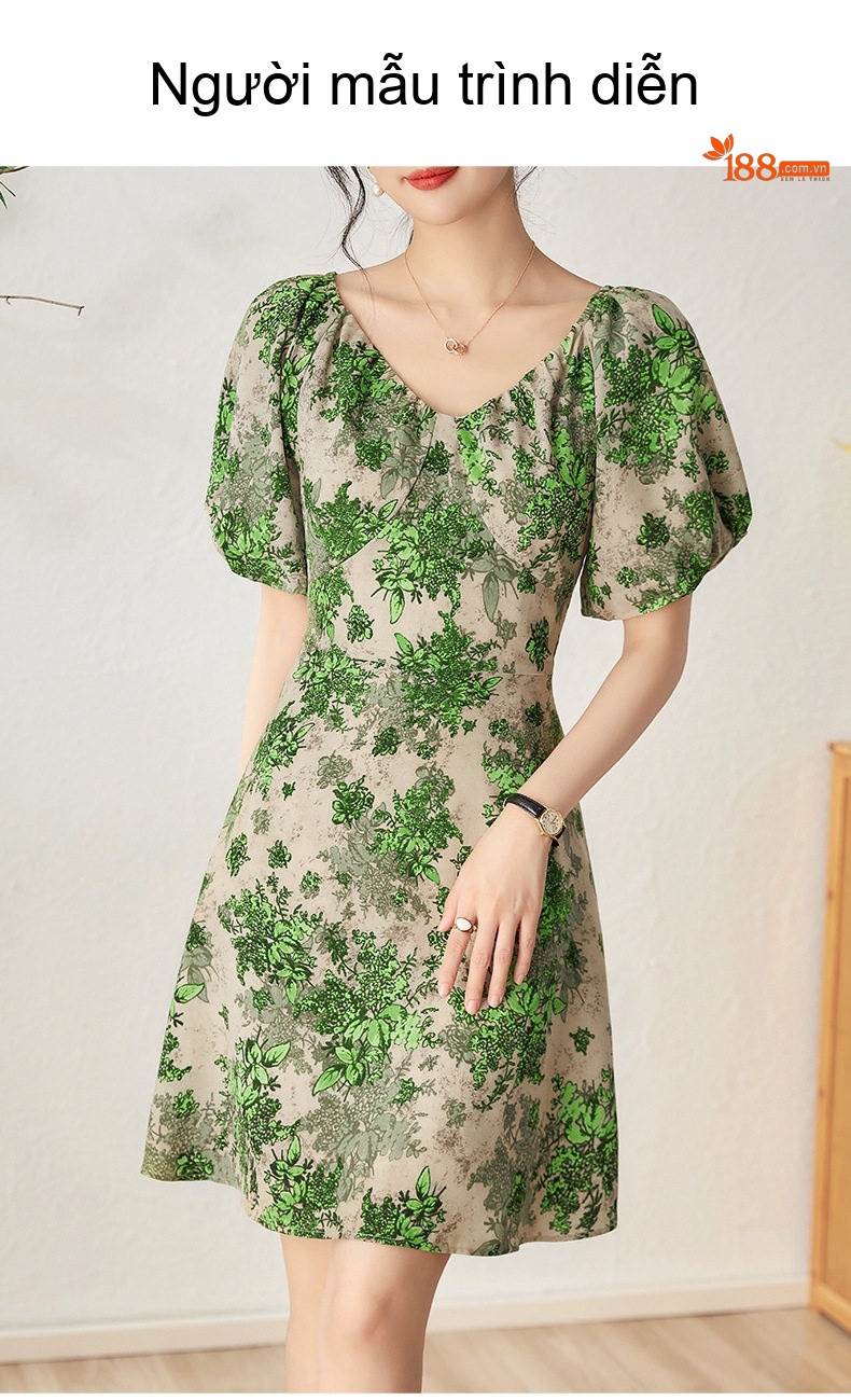 Váy Ngắn Nữ Cổ chữ V Thắt Dây Lưng Sau Tay Bồng Họa Tiết Hoa Lá Xanh chi tiết 9