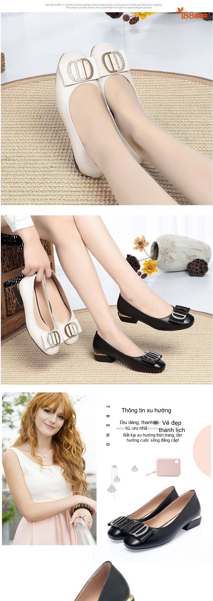 Giày Búp Bê Nữ Da Mềm Chiều Cao Đế Khoảng 3cm Màu Đen, Trắng chi tiết 6