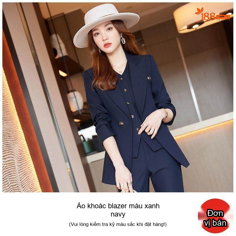 Bộ Vest Công Sở Nữ 3 Món Áo Khoác, Áo Gile, Quần Dài Màu Hồng, Kem, Xanh Navy