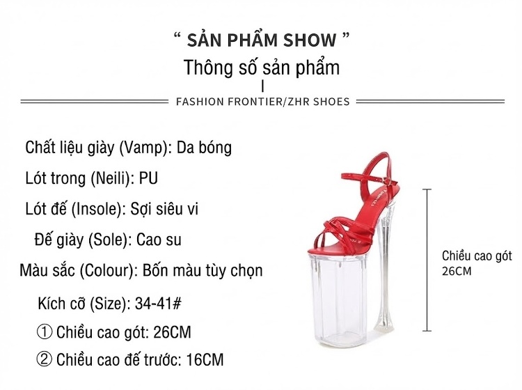Giày Sandal Cao Gót Nữ Quai Ngang Gót Cao 26cm Màu Đen, Đỏ, Trắng, Hồng... chi tiết 1