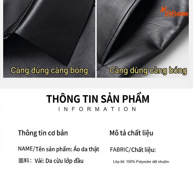 Áo Khoác Da Nam Da Cừu Thật Cổ Bẻ Khóa Kéo Lót Dày Dặn Màu Đen chi tiết 5