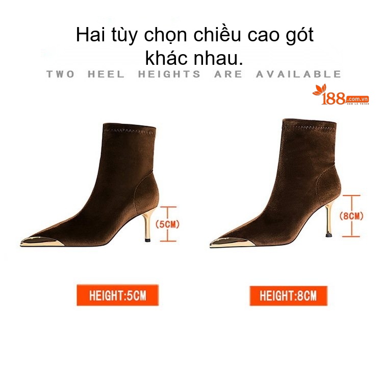 Boot Nữ Nỉ Gót Nhọn Chiều Cao Đế Khoảng 5cm Mũi Kim Loại Màu Đen, Nâu chi tiết 1
