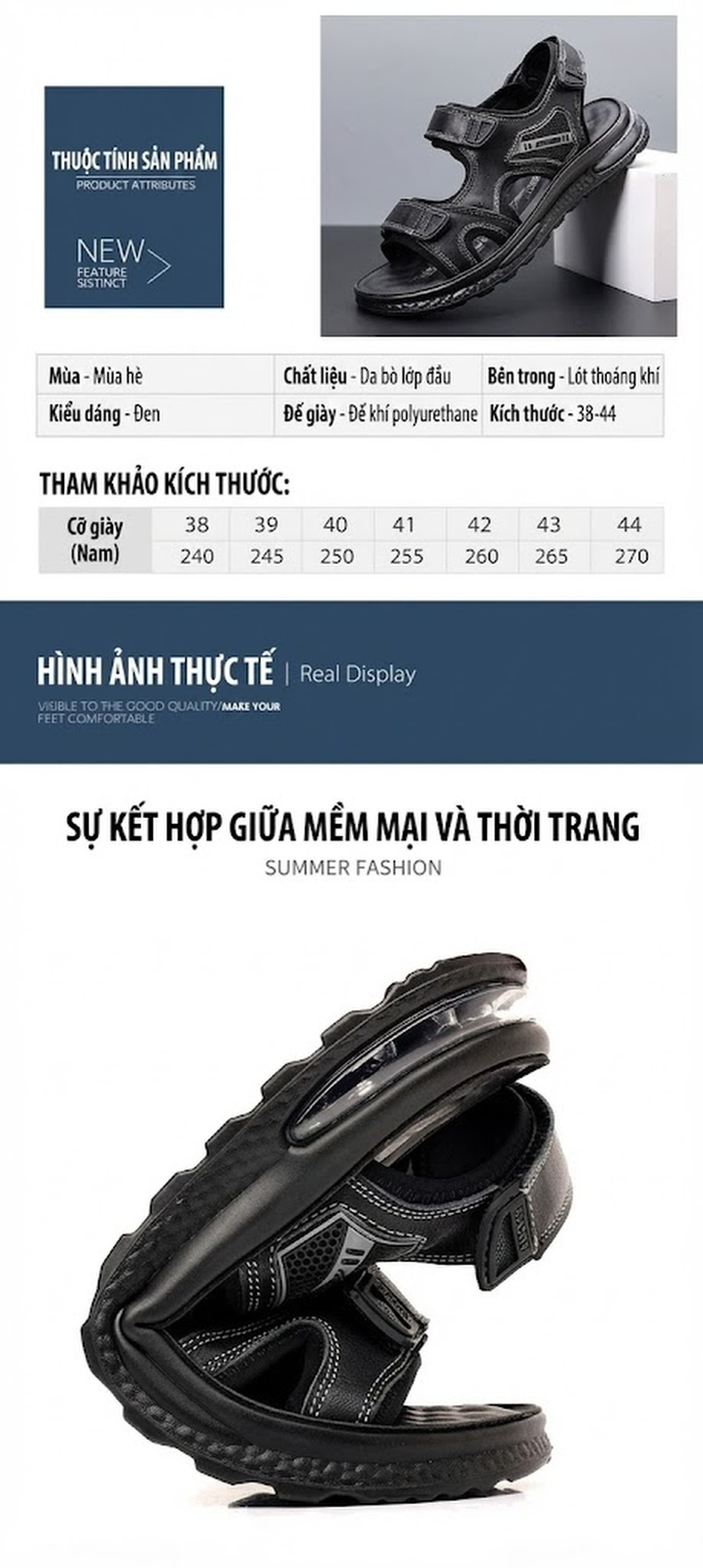 Dép Sandal Nam Da Bóng Quai Dán Đế Khí Chiều Cao Đế Khoảng 4cm Màu Đen chi tiết 7