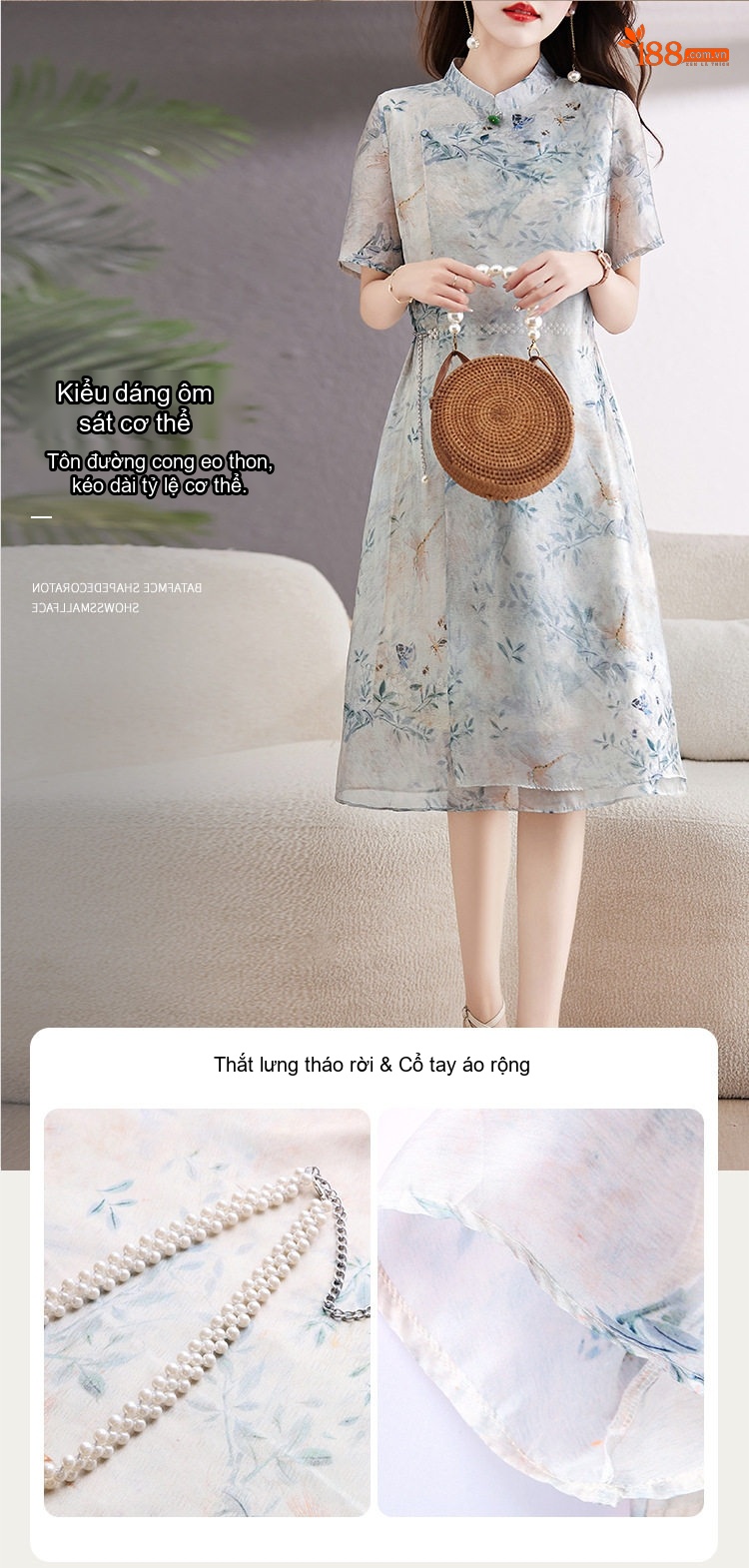 Váy liền thân Nữ Cổ Tàu Tay Ngắn Họa Tiết Hoa Lá Dáng Ôm chi tiết 9