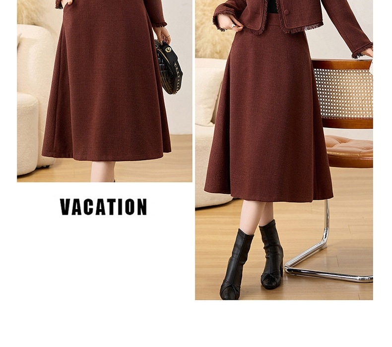 Set Áo Khoác Lửng Tay Dài Cổ Tròn và Chân Váy Midi A Line Trám Bông Dày Dặn Màu Nâu, Đỏ chi tiết 31