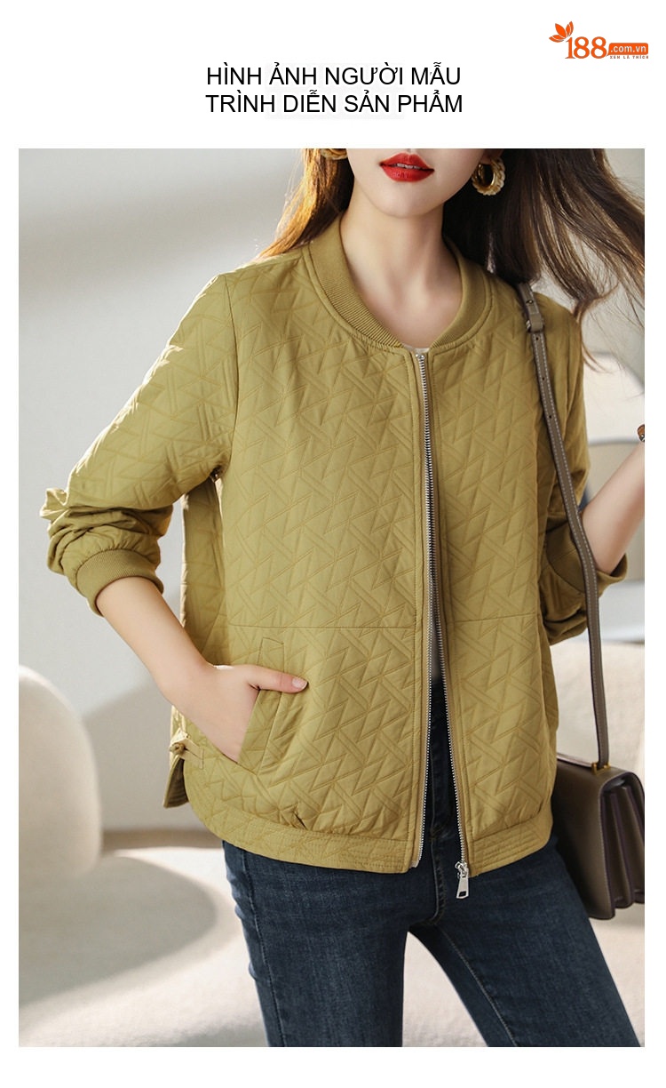 Áo Khoác Bomber Nữ Dáng Ngắn Phong Cách Retro Màu Kem, Xanh Olive chi tiết 14