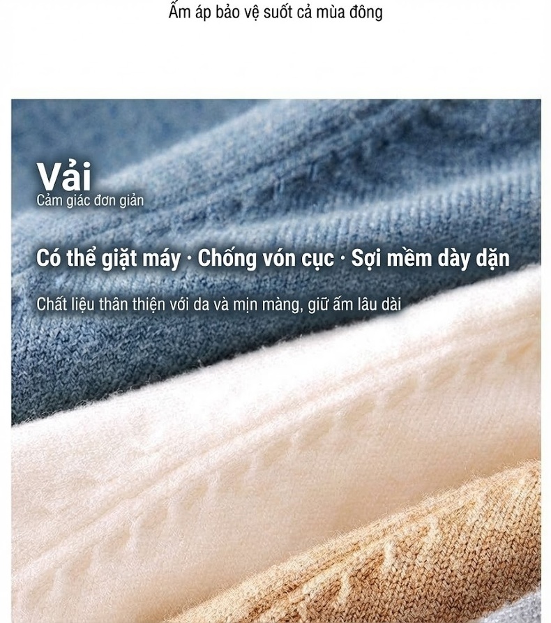 Áo Len Nam Cổ Lọ Dệt Kim Tay Dài Giữ Ấm Màu Xanh, Xám, Be, Trắng... chi tiết 3