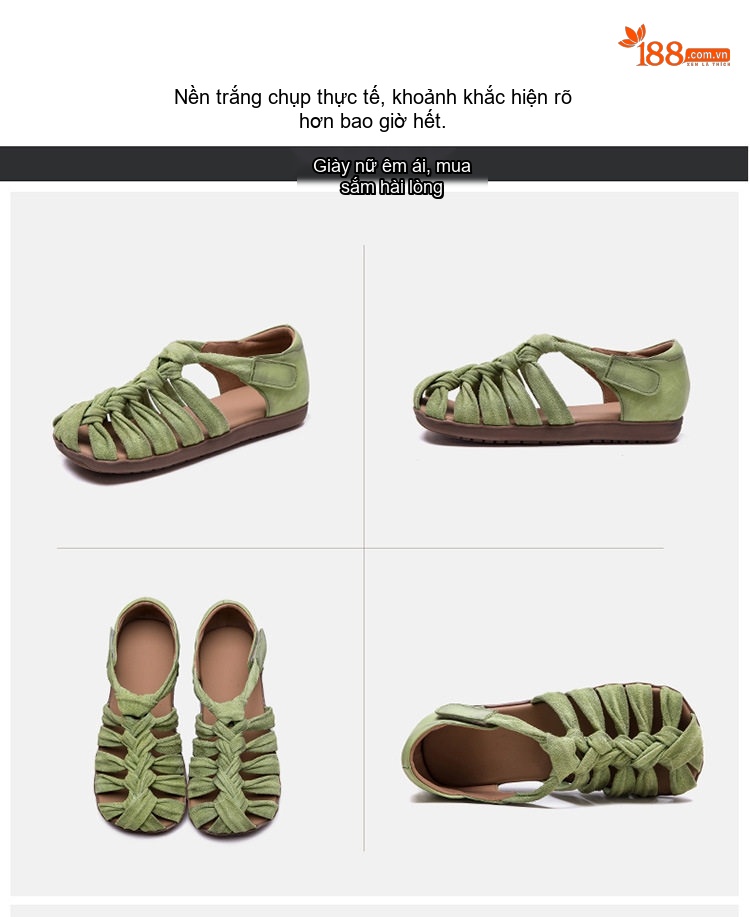 Dép Sandal Nữ Quai Dệt Thủ Công Đế Bệt Thoáng Khí Khóa Dán Phong Cách La Mã Đế Cao 3cm - 4cm Màu Vàng, Xanh Lá, Nâu chi tiết 17