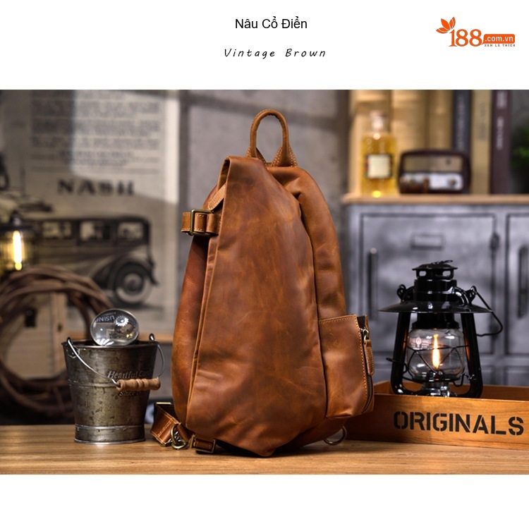 Túi Đeo Chéo Ngực Nam Da Bò Thiết Kế Vintage, Biker, Da Thật Màu Nâu chi tiết 25
