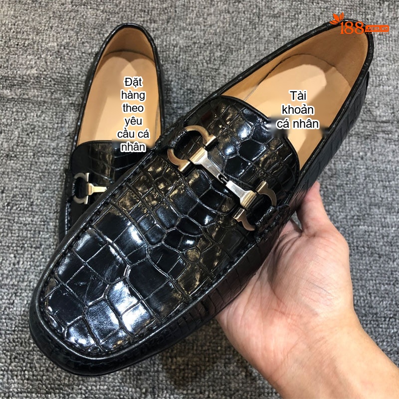 Giày Lười Nam Da Bụng Cá Sấu Chiều Cao Đế Khoảng 2cm Màu Đen chi tiết 6