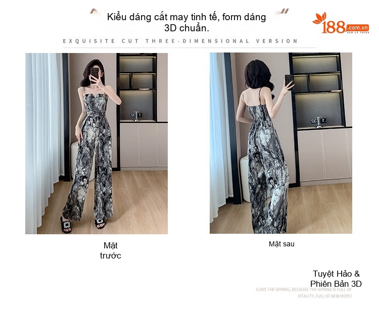 Jumpsuit Nữ Dáng Dài Ống Rộng Họa Tiết Dây Đeo Màu Đen, Trắng Xám chi tiết 4