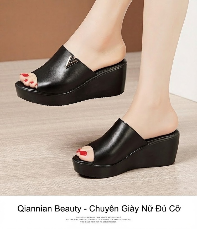 Dép Quai Ngang Nữ Da Bò Đế Xuồng Chiều Cao Đế Khoảng 6cm Màu Đỏ, Đen chi tiết 11