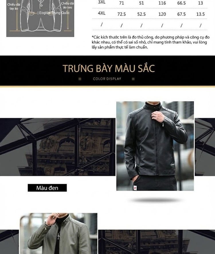 Áo Khoác Da PU Nam Dáng Ôm Cổ Trụ Phong Cách Hàn Quốc Màu Đen, Nâu, Xám chi tiết 4