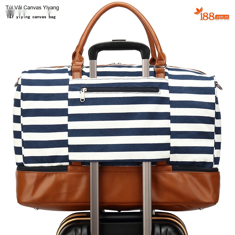 Túi Du Lịch Vải Canvas Chống Nước, Túi Xách Tay, Túi Tập Gym Màu Sọc Xanh Navy, Trắng