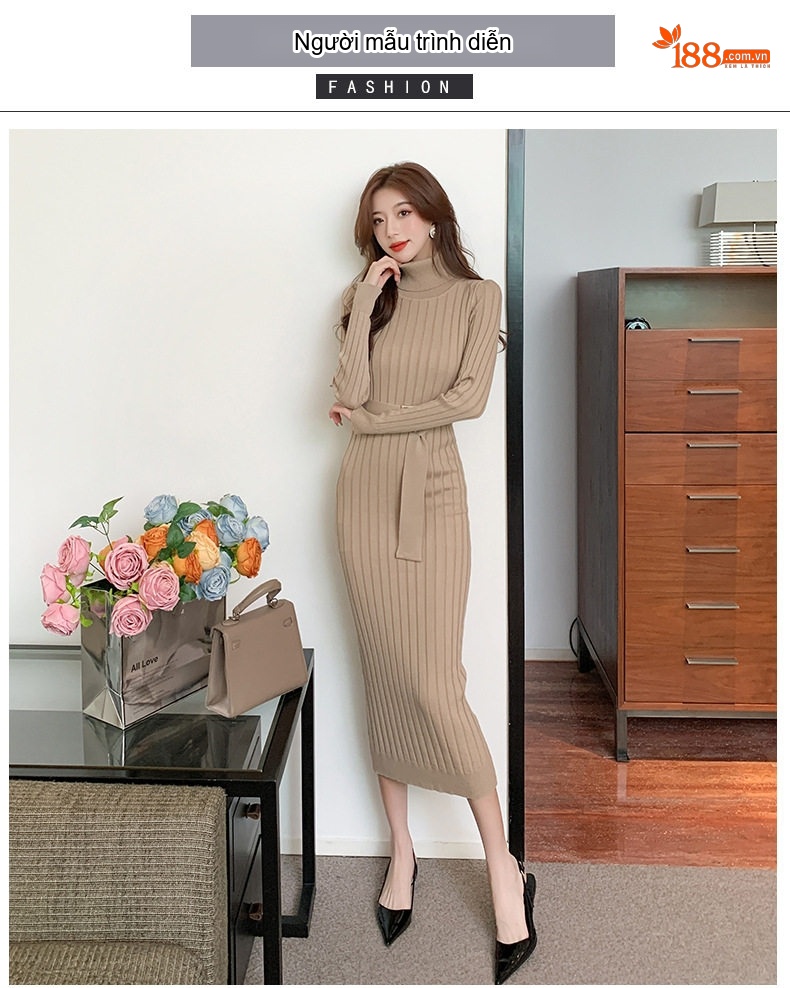 Váy liền thân Nữ Dệt Kim Tay Dài Cổ Cao Ôm Dáng Màu Be, Đen, Hồng, Xanh chi tiết 8