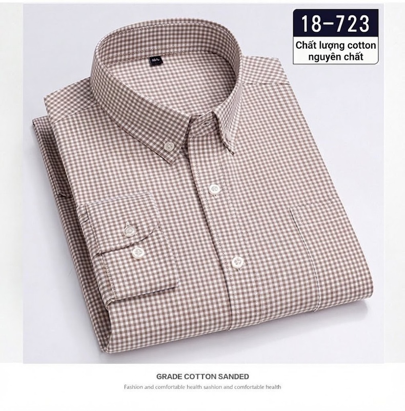 Áo Sơ Mi Nam Cotton Dài Tay Kẻ Caro Thời Trang Công Sở Thoải Mái Màu Đỏ, Xanh, Xám, Be... chi tiết 15