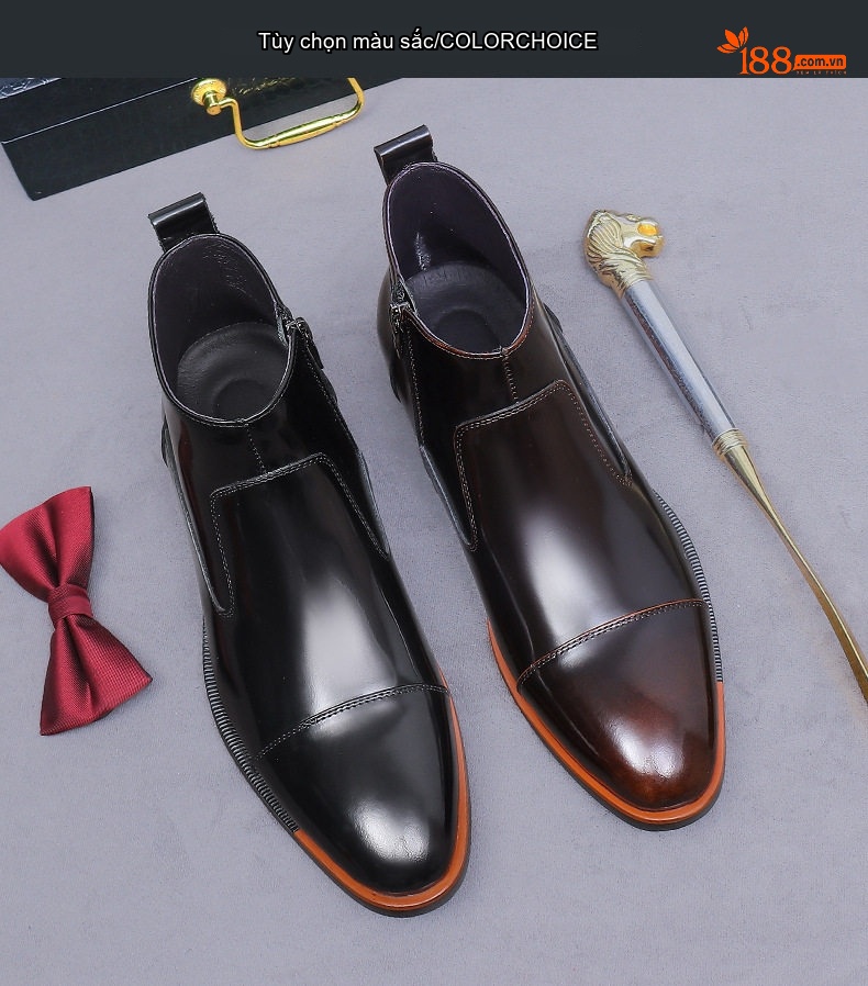 Boot Nam Da Bò Mũi Nhọn Khóa Kéo Chiều Cao Đế Khoảng 3cm Màu Đen, Nâu chi tiết 2
