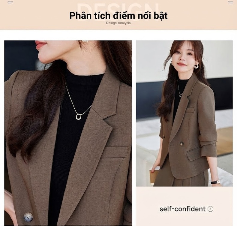 Bộ Vest Nữ Áo Blazer Quần Ống Rộng Công Sở Màu Trắng Kem, Đen, Nâu chi tiết 5
