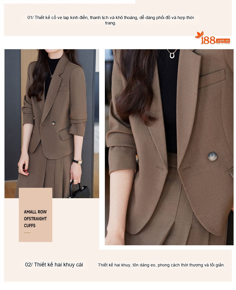 Bộ Vest Nữ Áo Blazer Quần Ống Rộng Công Sở Màu Trắng Kem, Đen, Nâu chi tiết 6