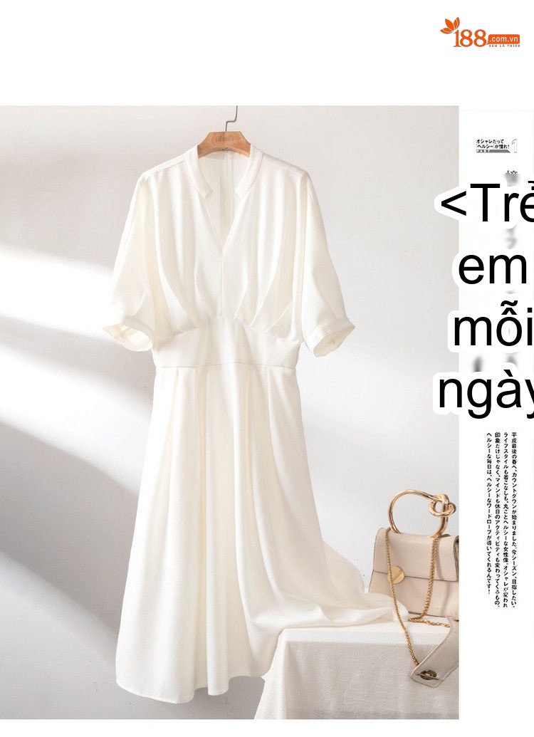 Váy liền thân Nữ Tay Ngắn Cổ chữ V Chữ A Thắt Eo Dáng Rớt Vai Màu Trắng, Hồng, Xanh... chi tiết 7