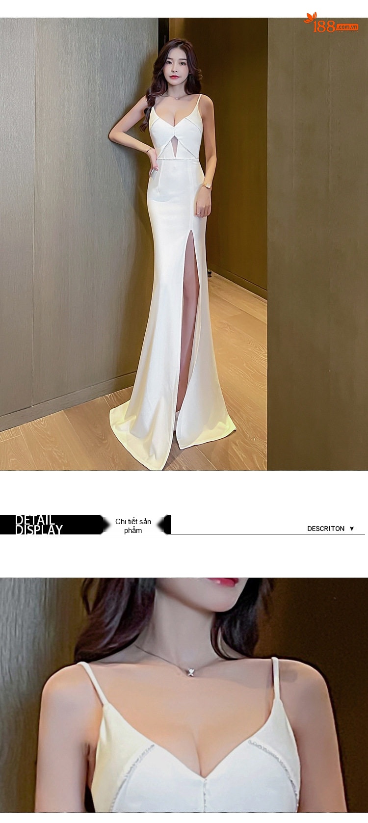 Váy Dây Hai Dây Xẻ Tà Dáng Dài Cổ chữ V Sâu Dự Tiệc Tối Sang Trọng Màu Trắng, Đen chi tiết 9