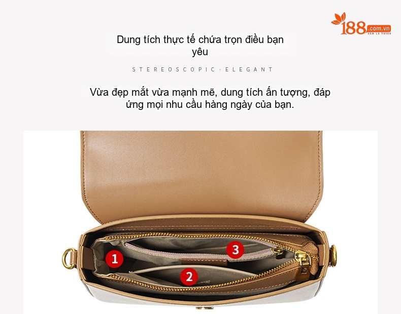Túi Đeo Vai Nữ Da Bò Khóa Gài Cao Cấp, Túi Đeo Chéo Da Thật Màu Nâu, Đen, Kem, Xám chi tiết 16