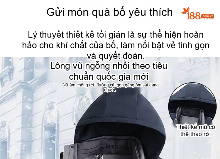 Áo Khoác Phao Nam Lông Vũ Có Mũ Trùm Đầu Dày Dặn Giữ Ấm Nhiều Lớp Màu Xanh Navy, Đen, Nâu chi tiết 3