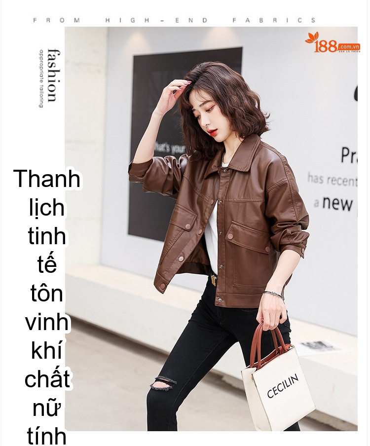 Áo Khoác Da Thật Nữ Dáng Rộng Kiểu Ngắn Màu Đen, Nâu chi tiết 3