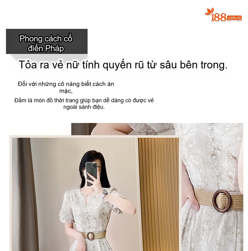 Váy Midi Nữ Tay Ngắn Họa Tiết Hoa Nhí Thắt Eo Phong Cách Pháp chi tiết 5