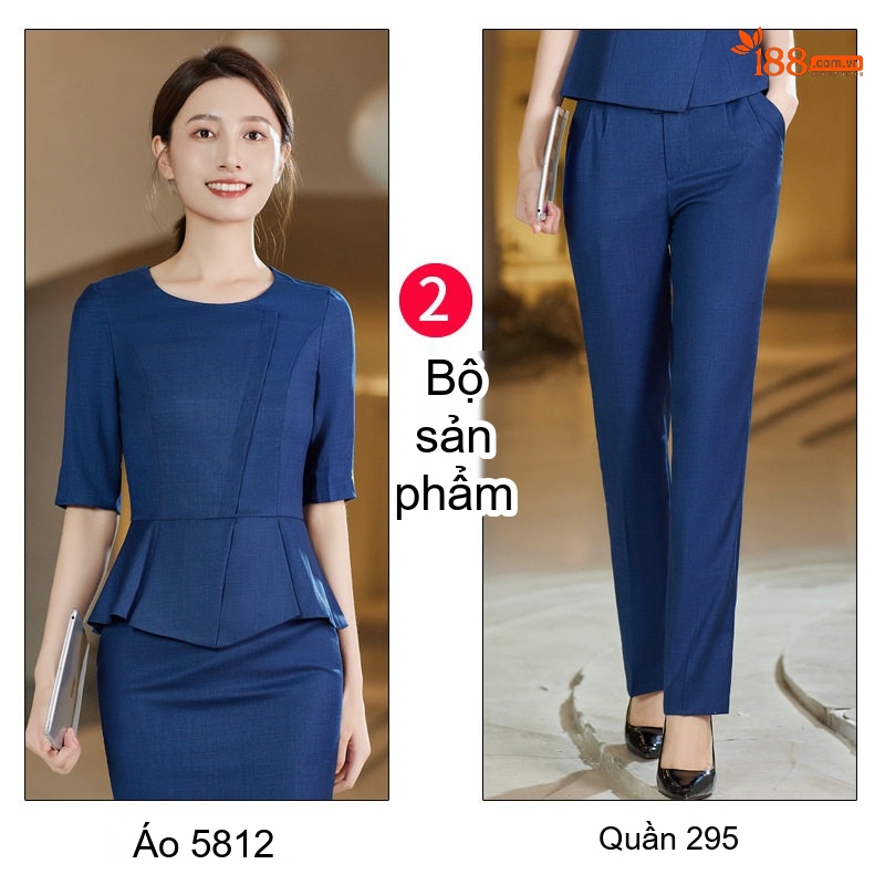 Bộ Quần Áo Công Sở Nữ Tay Ngắn Cổ chữ Vest Phong Cách Lao Feng Xiang Màu Xanh Navy