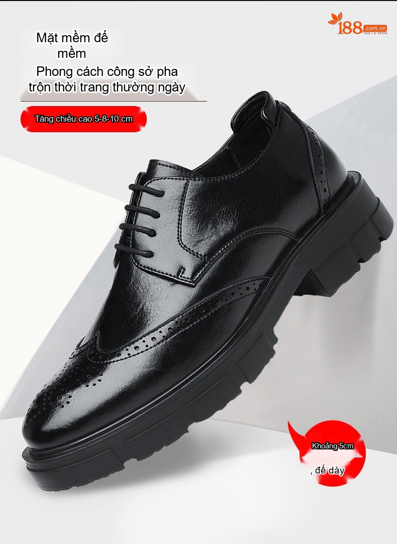 Giày Tây Buộc Dây Nam Da Bò Chiều Cao Đế 8cm Phong Cách Anh Quốc Màu Đen chi tiết 2