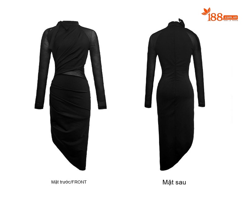 Đầm Ôm Body Lưới Tay Dài Cổ Lệch Xẻ Tà Bất Đối Xứng Phong Cách Châu Âu Màu Đen chi tiết 6