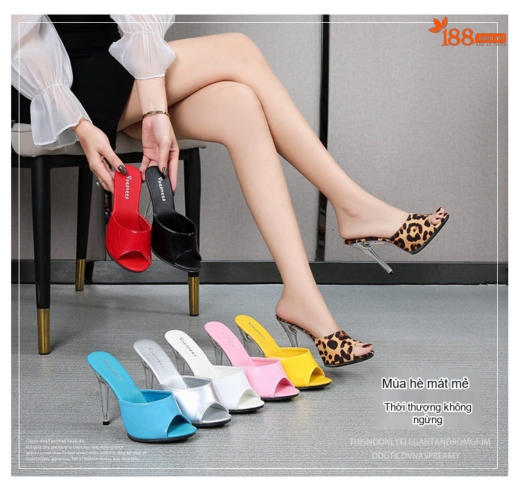 Dép Gót Nhọn Nữ Da Bóng Hở Mũi Chiều Cao Đế 11cm Màu Đen, Đỏ, Da Báo, Xanh... chi tiết 1