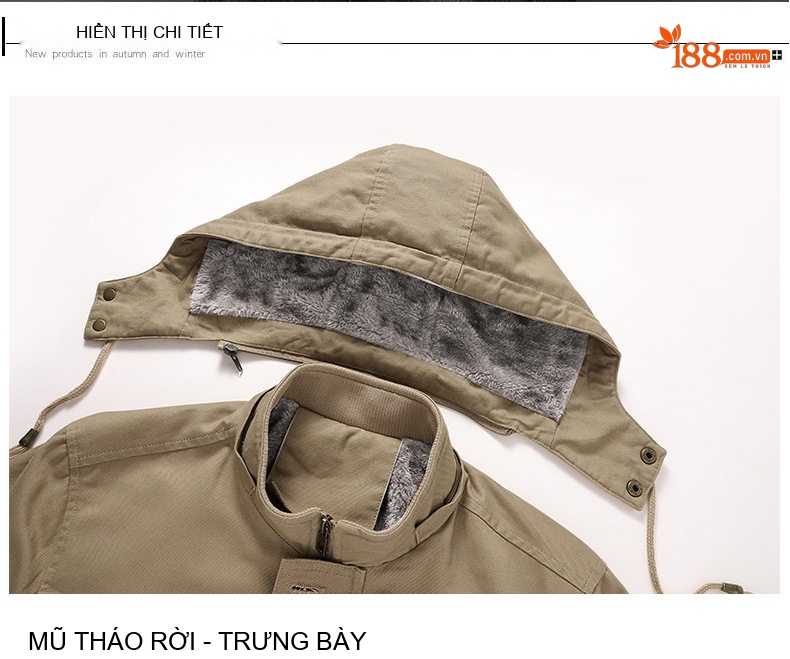 Áo Khoác Nam Cotton Dáng Dài Lót Lông Dày Dặn Có Mũ Trùm Đầu Màu Be, Đen, Xanh Lá, Nâu chi tiết 17