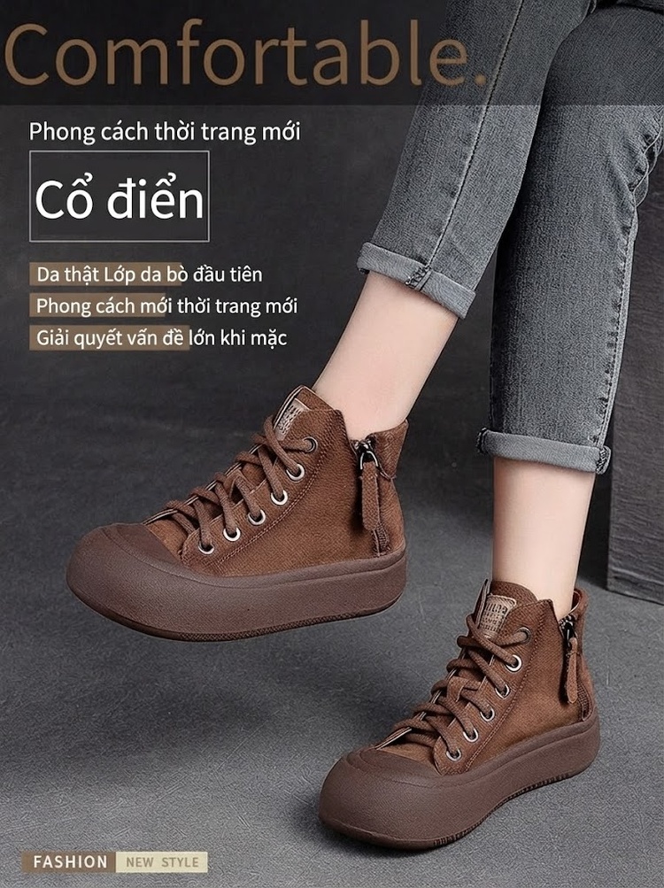 Giày Cao Cổ Nữ Da Bò Mũi Tròn Đế Dày Chiều Cao Đế Khoảng 3cm Khóa Kéo Bên Hông Màu Nâu, Đỏ Rượu chi tiết 1