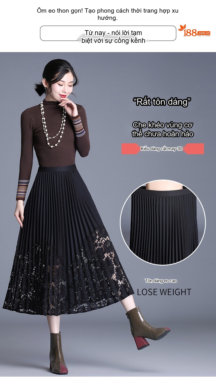 Chân Váy Midi Xếp Ly Ren Lưới Phong Cách Hàn Quốc Màu Đen chi tiết 2