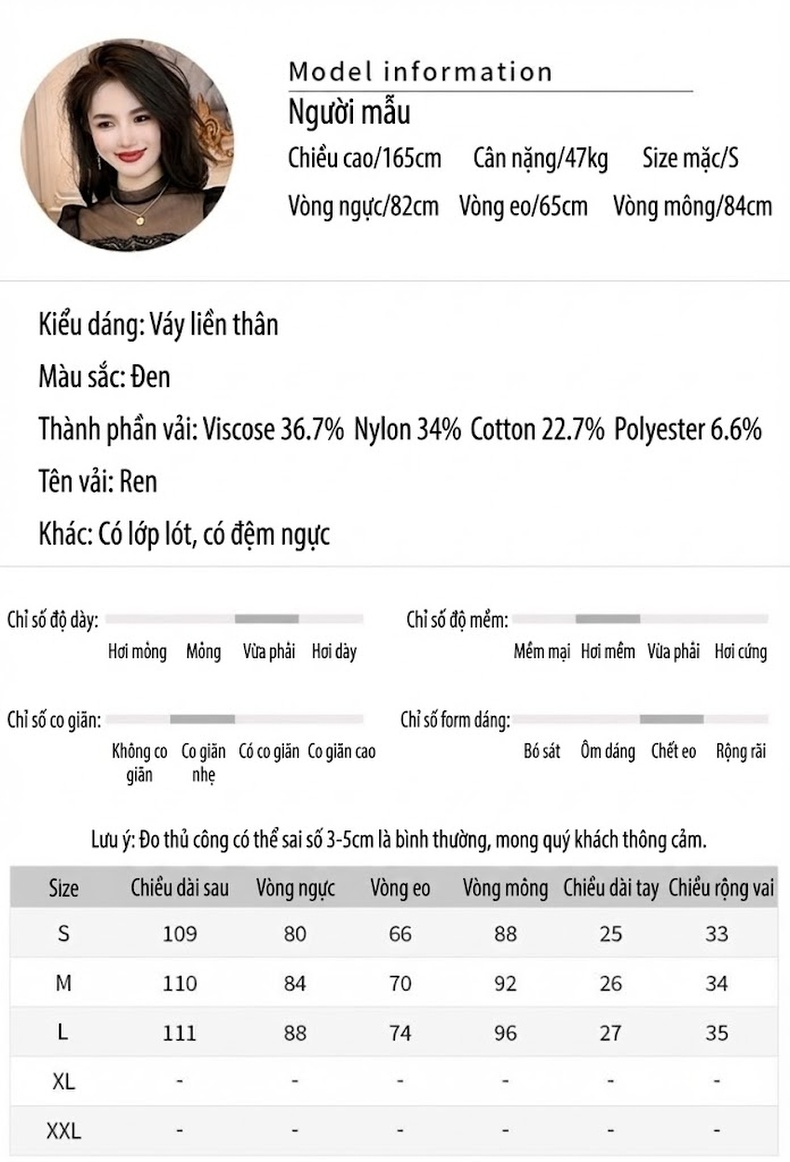 Váy Ôm Body Nữ Lưới Ren Gợi Cảm Phong Cách Hepburn Màu Đen chi tiết 2