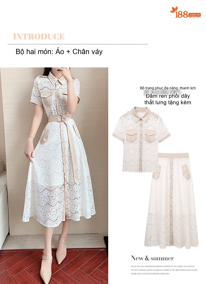 Set Áo Ren Tay Ngắn và Chân Váy Midi Phong Cách Hepburn Thanh Lịch Màu Trắng, Kem chi tiết 2