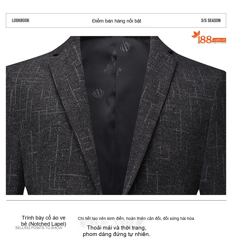 Áo Vest/Blazer Nam Kẻ Caro Co Giãn Chống Nhăn Dáng Ôm Màu Xám Đen chi tiết 3
