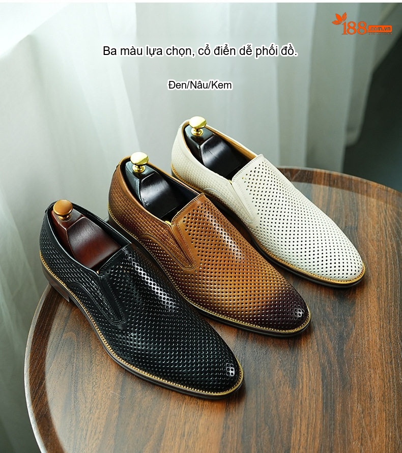 Giày Lười Nam Da Thật Lỗ Thoáng Khí Chiều Cao Đế Khoảng 2cm Màu Đen, Nâu, Kem chi tiết 4