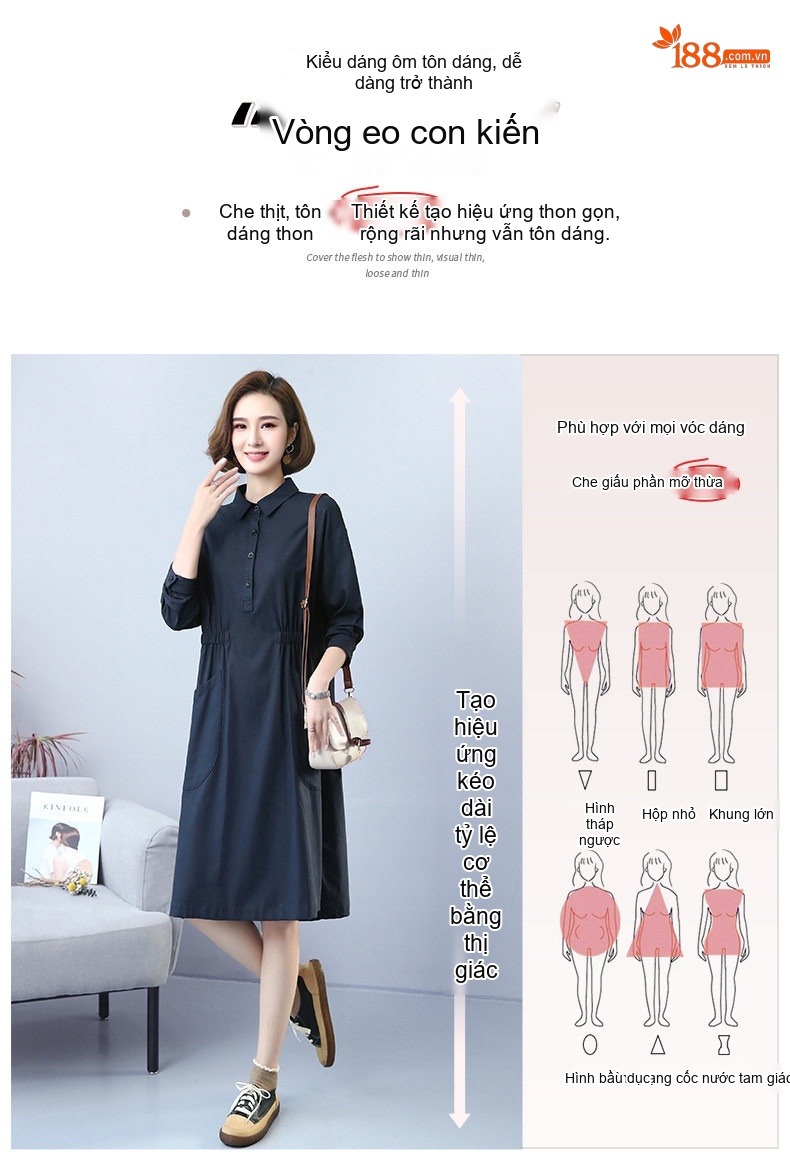 Váy Dài Tay Cotton Linen Dáng Suông Che Bụng Phong Cách Casual Màu Xanh Rêu, Đen chi tiết 6