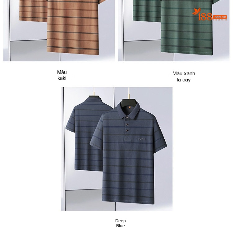 Áo Polo Sọc Tay Ngắn Nam Cỡ Lớn Thoáng Mát Màu Xanh Navy, Xanh Rêu, Nâu chi tiết 2