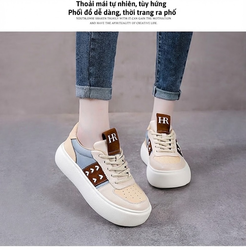 Giày Thể Thao Nữ Da Bò Đế Bánh Mì Chiều Cao Đế Khoảng 4cm Màu Be, Nâu, Xanh chi tiết 12