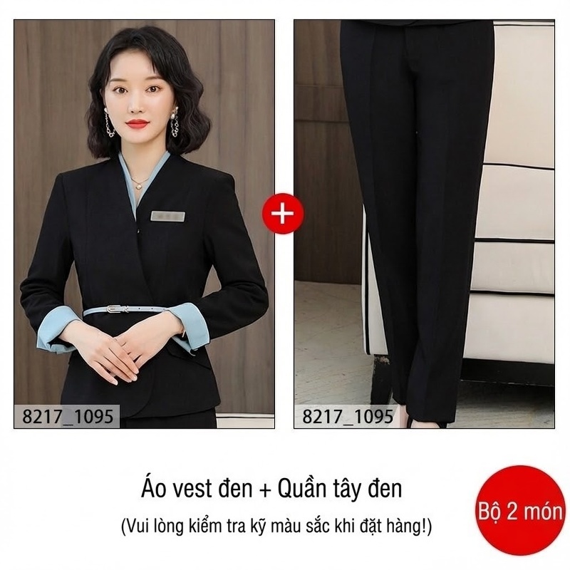 Set Bộ Vest Công Sở Nữ Tay Dài Cổ chữ V Màu Xanh Navy Phối Đỏ