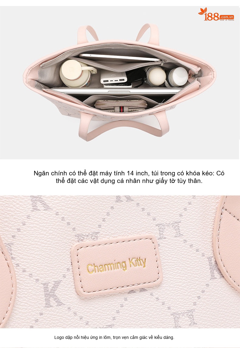 Túi Tote Nữ Vải In Họa Tiết Chữ K, Túi Đeo Vai Công Sở, Túi Xách Tay Lớn Đựng Laptop Màu Kem, Hồng chi tiết 13