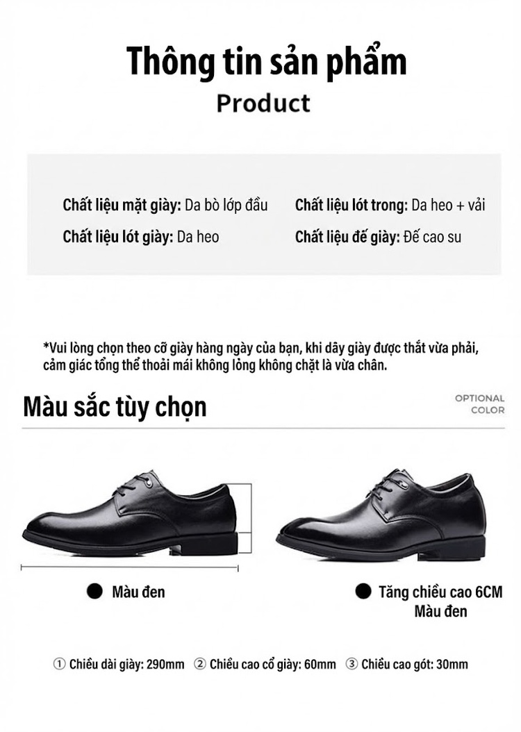 Giày Tây Buộc Dây Nam Da Bò Chiều Cao Đế Khoảng 3cm Màu Đen chi tiết 6