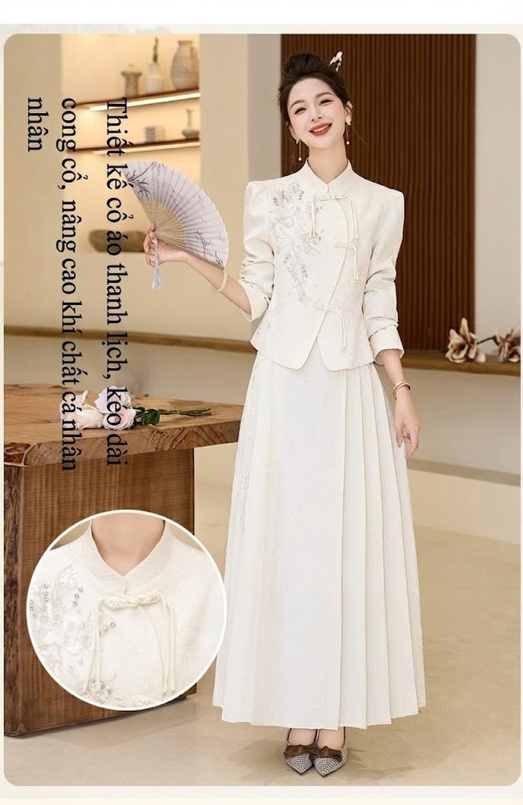 Set Áo và Chân Váy Mã Diện Nữ Phong Cách Trung Hoa Hiện Đại, Thiết Kế Sang Trọng Màu Kem chi tiết 5