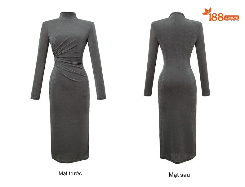 Váy Dài Tay Cổ Lọ Ôm Dáng Co Giãn Phong Cách Pháp Màu Đỏ, Xanh Dương, Xanh Lá, Cam, Đỏ Rượu chi tiết 13