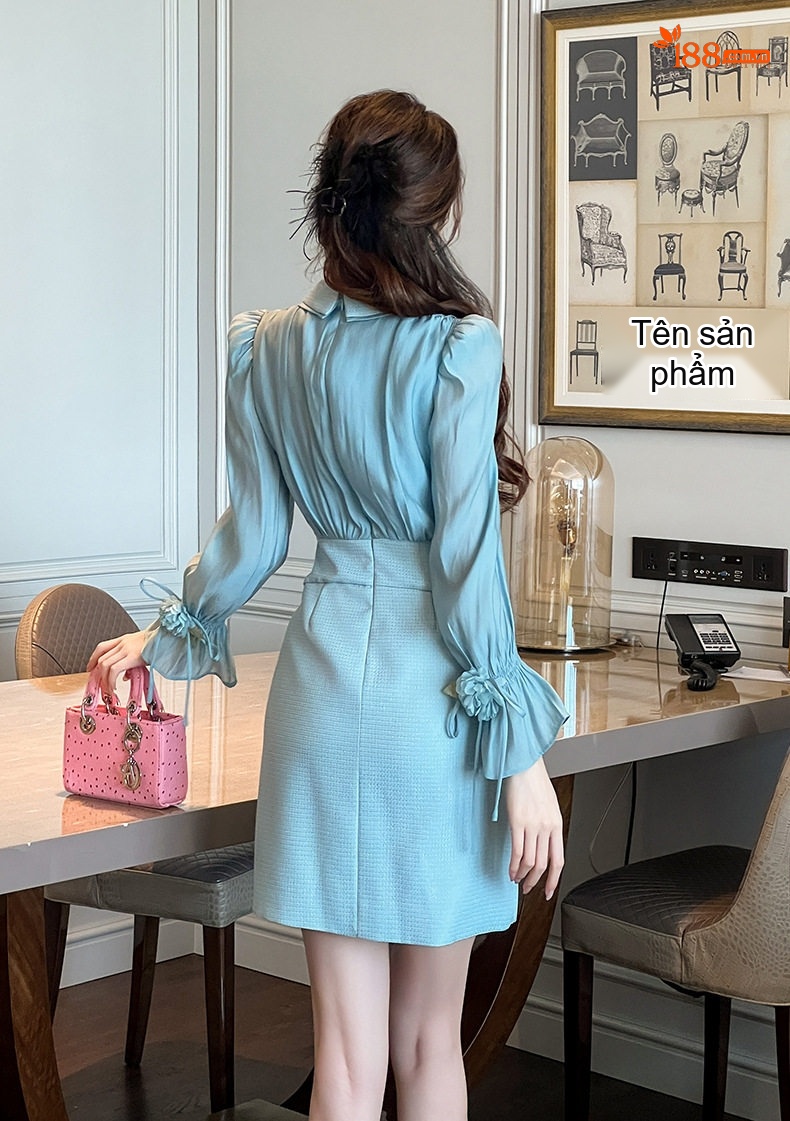 Váy Ôm Body Nữ Cổ Búp Bê Tay Dài Đính Đá Phong Cách Pháp Màu Xanh chi tiết 14