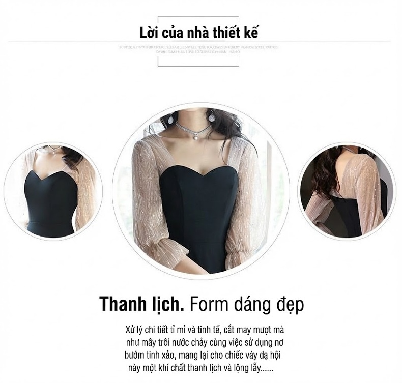 Váy Dạ Hội Nữ Phong Cách Pháp Hepburn Cổ Điển, Tay Lỡ Màu Đen chi tiết 2
